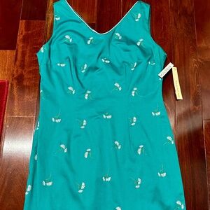 Amanda Smith Dress Teal Sleeveless White Embroidered Flowers Size 10P NWT